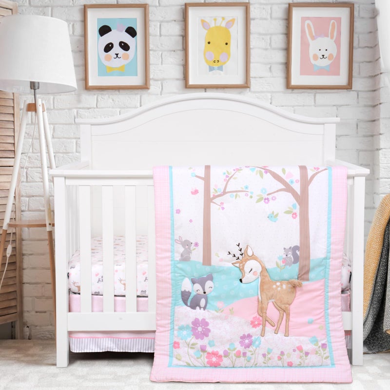 UOMNY Crib Bedding Set for Girls 3 Piece Woodland Baby Girl Crib Bedding Set Include Fitted Crib Sheet Comforter Crib Skirt - Image 1